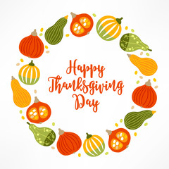 Autumn wreath with pumpkins and seeds on white background