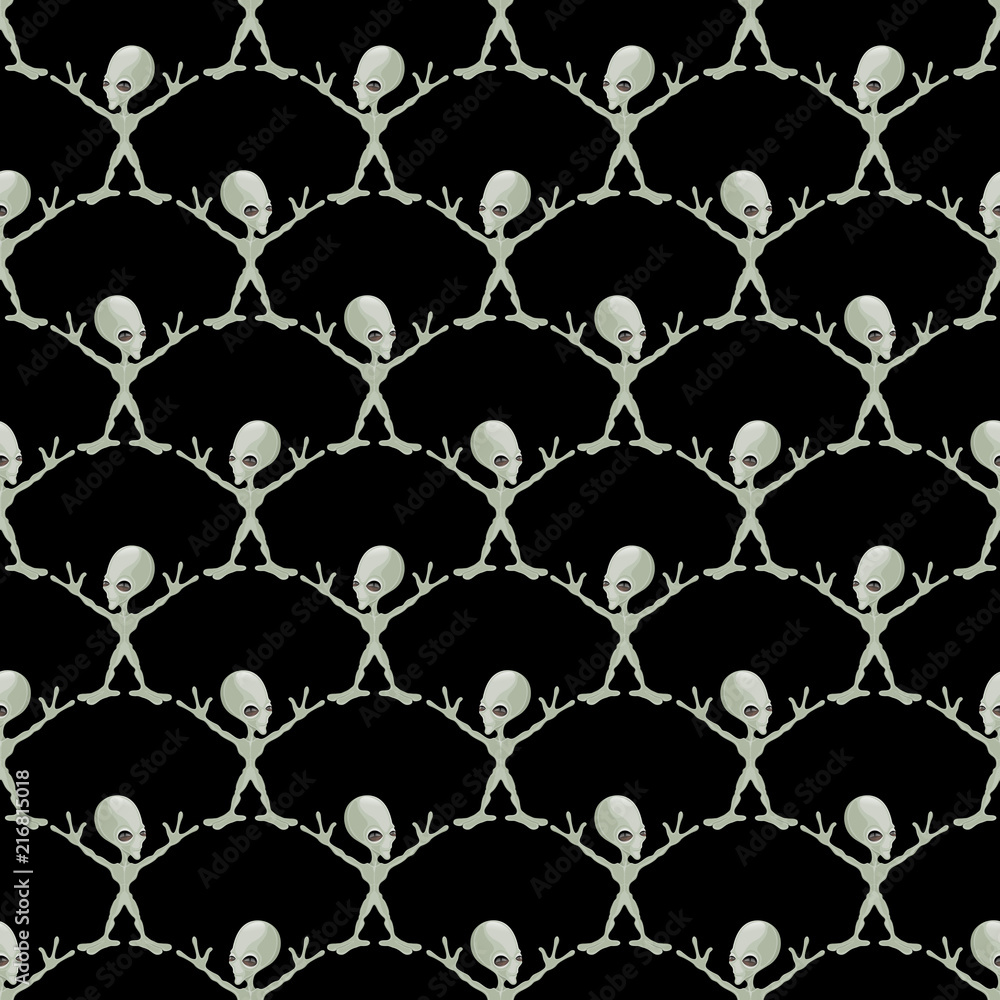 Wall mural Seamless pattern with green aliens on a black background.