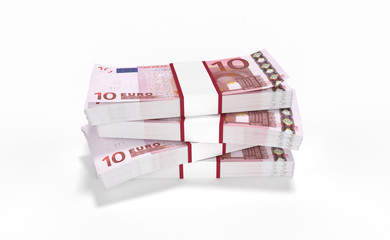 3D realistic render of 10 Euro money lots forming a pile isolated on white background.