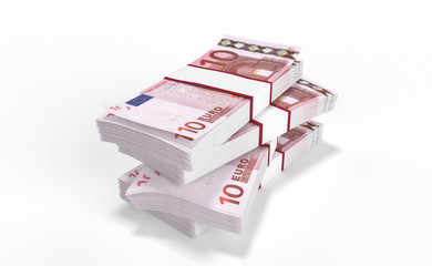 3D realistic render of 10 Euro money lots forming a pile isolated on white background.