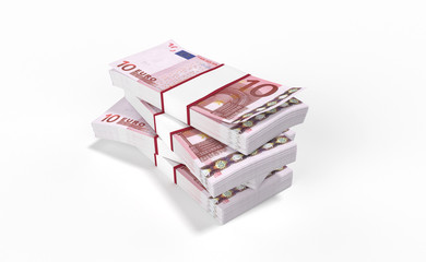 3D realistic render of 10 Euro money lots forming a pile isolated on white background.