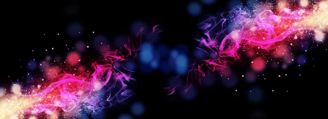 Dark abstract bokeh background, magic smoke and sparks, neon