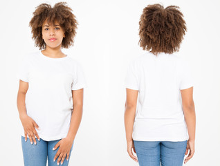 Shirts set. Summer t shirt design and close up of young afro american woman in blank template white...