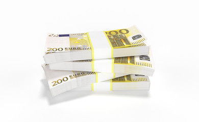 3D realistic render of 200 Euro money lots forming a pile isolated on white background.