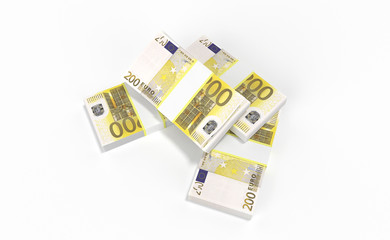 3D realistic render of 200 Euro money lots forming a pile isolated on white background.