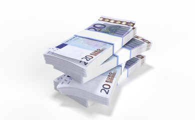 3D realistic render of 20 Euro money lots forming a pile isolated on white background.