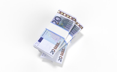 3D realistic render of 20 Euro money lots forming a pile isolated on white background.