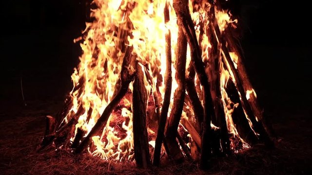 A view of burning bonfire against the darkness of a night