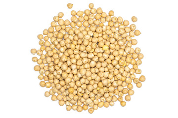 Lot of whole raw chickpeas kabuli variety stack flatlay isolated on white background