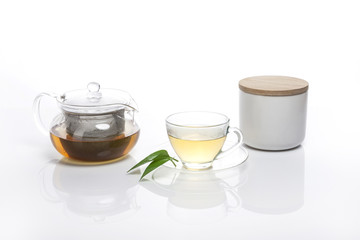 asian tea set with leaf isolated white