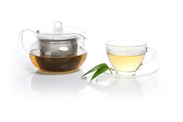 asian tea set with leaf isolated white