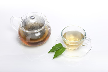 asian tea set with leaf isolated white