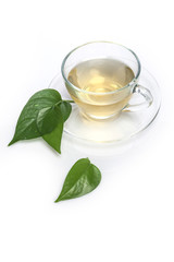 Obraz na płótnie Canvas asian tea set with leaf isolated white