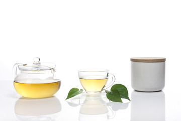 asian tea set with leaf isolated white