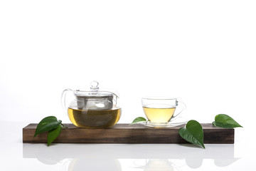 asian tea set with leaf isolated white