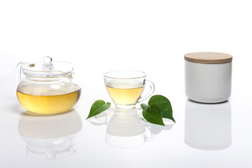 asian tea set with leaf isolated white
