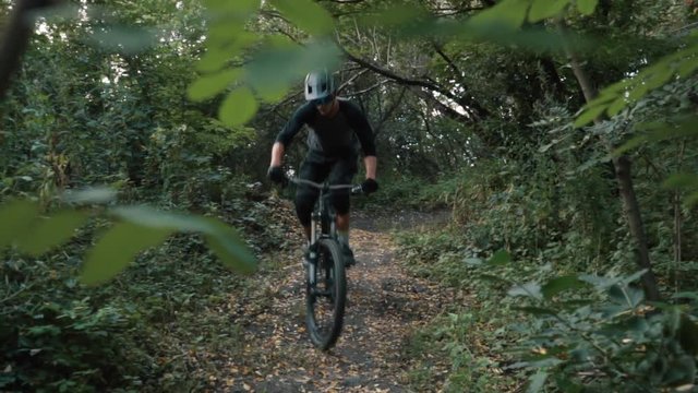 mountain biker rushes along road in forest