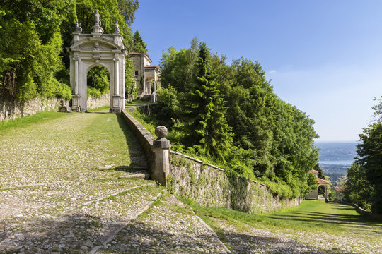 View of the chapels and the sacred way of Sacro Monte di Varese, Unesco World Heritage Site. Sacro Monte di Varese, Varese, Lombardy, Italy.