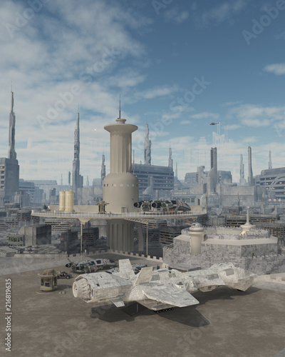 "Space Ship at a Future City Spaceport - science fiction illustration" Stock photo and royalty-free images on Fotolia.com - Pic 216819635