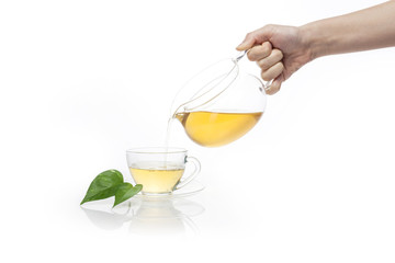 woman hand dropping a green tea isolated white.