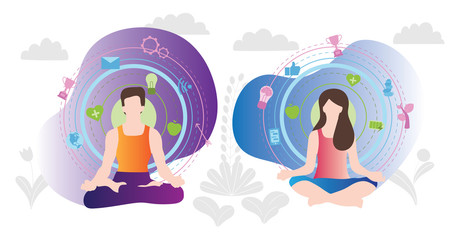 Relaxation techniques vector illustration. Human couple sitting in yoga lotos position and enjoy calm, balance, harmony and peace. Alternative medicine for vitality.