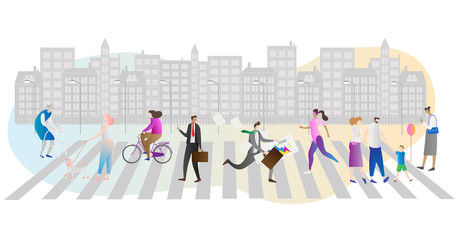Street crowd vector illustration. Businessman, family, woman with dog and elder people walking or hurry running in urban city and metropolis with houses and lanterns.