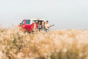 group of young people drinking beer and playing guitar while sitting in car trunk in flower field