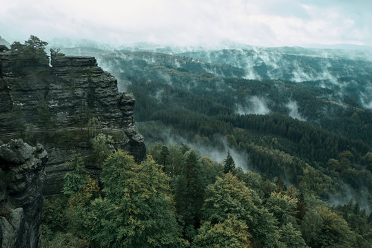 Sandstone rock tower in the deep autumn valley of national park Bohemian Switzerland. Misty landscape with fir forest in hipster vintage retro style