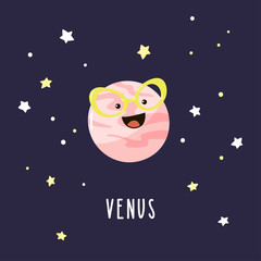 Lovely cartoon Venus in the night sky. Bright vector illustration.