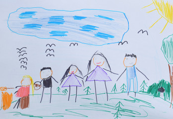 Children's drawing: Mom, Dad and children walk in the forest, picking mushrooms. Family active...