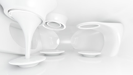 Fototapeta premium Futuristic white interior design and cyber punk sci-fi style 3d rendering:showroom