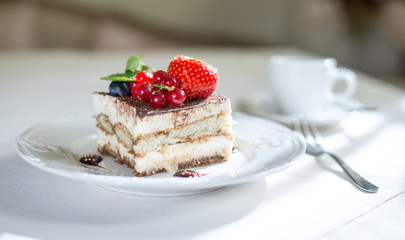Tiramisu cake on the white plate