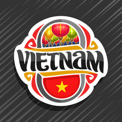 Vector logo for Vietnam country, fridge magnet with vietnamese state flag, original brush typeface for word vietnam and national vietnamese symbol - colorful paper lanterns on blue sky background.