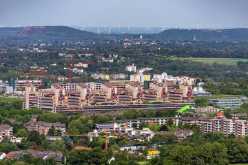 Cityscape of Aachen with nature surrounding and university clinic from above