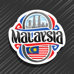 Vector logo for Malaysia country, fridge magnet with malaysian state flag, original brush typeface for word malaysia and national malaysian symbol - Petronas twin towers on blue cloudy sky background.