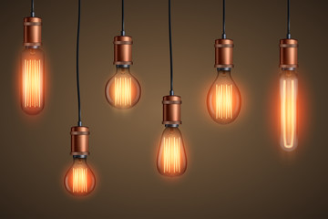 Decorative Retro design edison light bulb set. Lamps of different shapes. Vintage and antique style with copper. For loft and cafe. Vector Illustration - obrazy, fototapety, plakaty