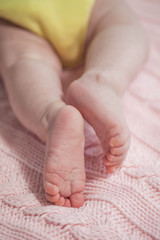 Close up of newborn baby feet. Baby legs on a pink background. The legs of a child on a knitted plaid. Cozy.
