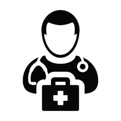 Doctor icon vector male person profile avatar with Stethoscope and first aid kit bag for Medical Consultation in Glyph Pictogram illustration