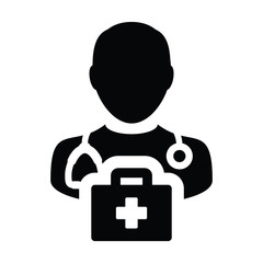 Healthcare icon vector male doctor person profile avatar with Stethoscope and first aid kit bag for Medical Consultation in Glyph Pictogram illustration