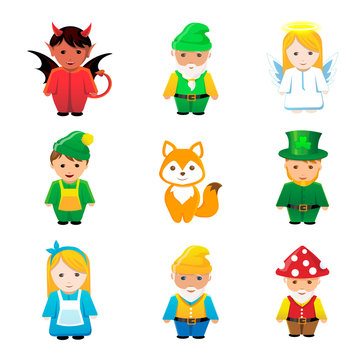 Fairy tale cartoon characters.Dwarves, elves, leprechauns, devil, devil, angel, Princess.