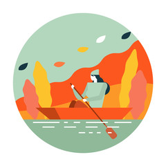 Woman boating in river. Autumn scenery and activity. flat icon design. illustration vector