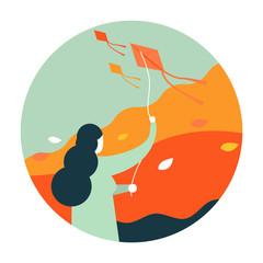 Woman flying a kite. Autumn scenery and activity. flat icon design. illustration vector