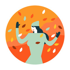 Woman enjoying with falling  Autumn leaves. Autumn scenery and activity. flat icon design. illustration vector