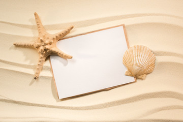 flat lay with sea star, seashell and blank paper on sand