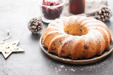 Christmas cake with hristmas decorated. Copy space. Christmas concept.