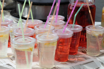 Fresh colorful lemonade in glasses. Beautiful Summer day