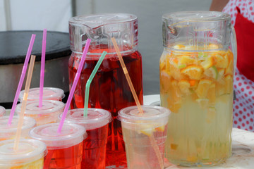 Fresh colorful lemonade in glasses. Beautiful Summer day