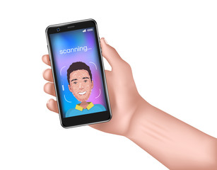 Face id. Face Recognition concept. Hand of man is holding the phone with scanning grid. isolated Vector illustration.