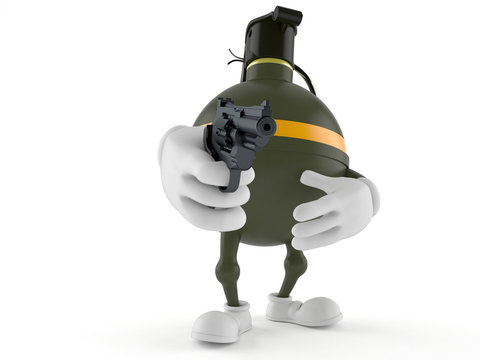 Hand grenade character aiming a gun