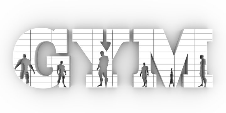 Muscular men silhouettes on gym word. Bodybuilding relative image. 3D rendering